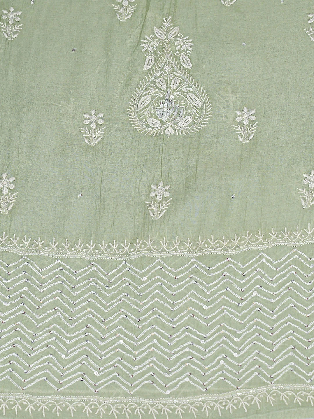 Ada Hand Embroidered Green Chanderi Lucknowi Chikankari Semi-Stitched Kurta Dupatta Set With Pearl Work 01A935423