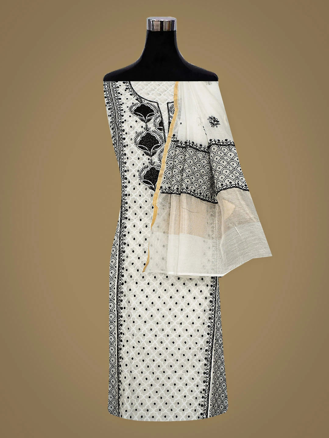 Ada Hand Embroidered White Chanderi Lucknowi Chikankari Semi-Stitched Kurta Dupatta Set With Cutdana Work 01A935333