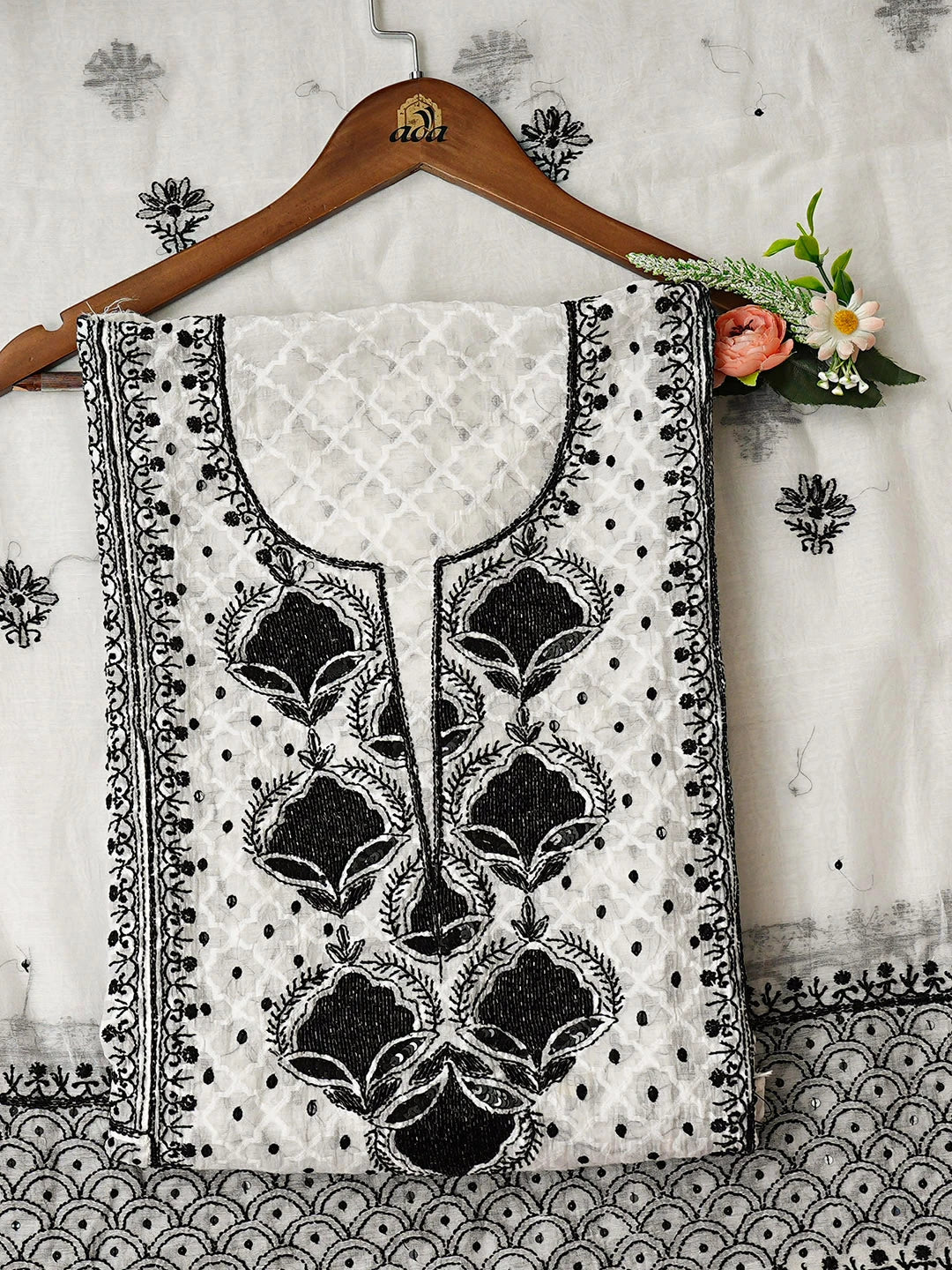 Ada Hand Embroidered White Chanderi Lucknowi Chikankari Semi-Stitched Kurta Dupatta Set With Cutdana Work 01A935333