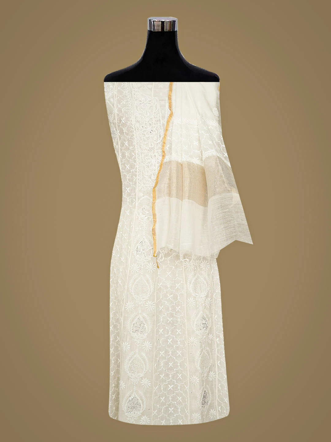 Ada Hand Embroidered White Chanderi  Lucknowi Chikankari Semi-Stitched Anarkali Kurta Dupatta Set With Cutdana Work 01A935512