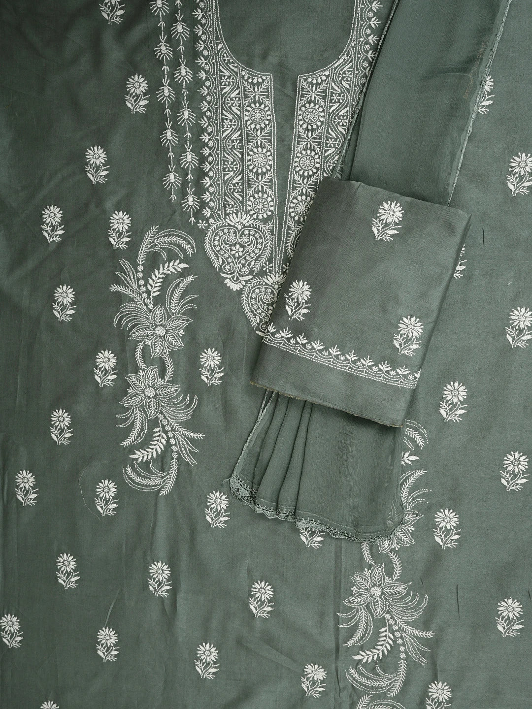 Ada Hand Embroidered Xanadu Grey Chanderi Lucknowi Chikankari Unstitched Suit Piece 01A932514