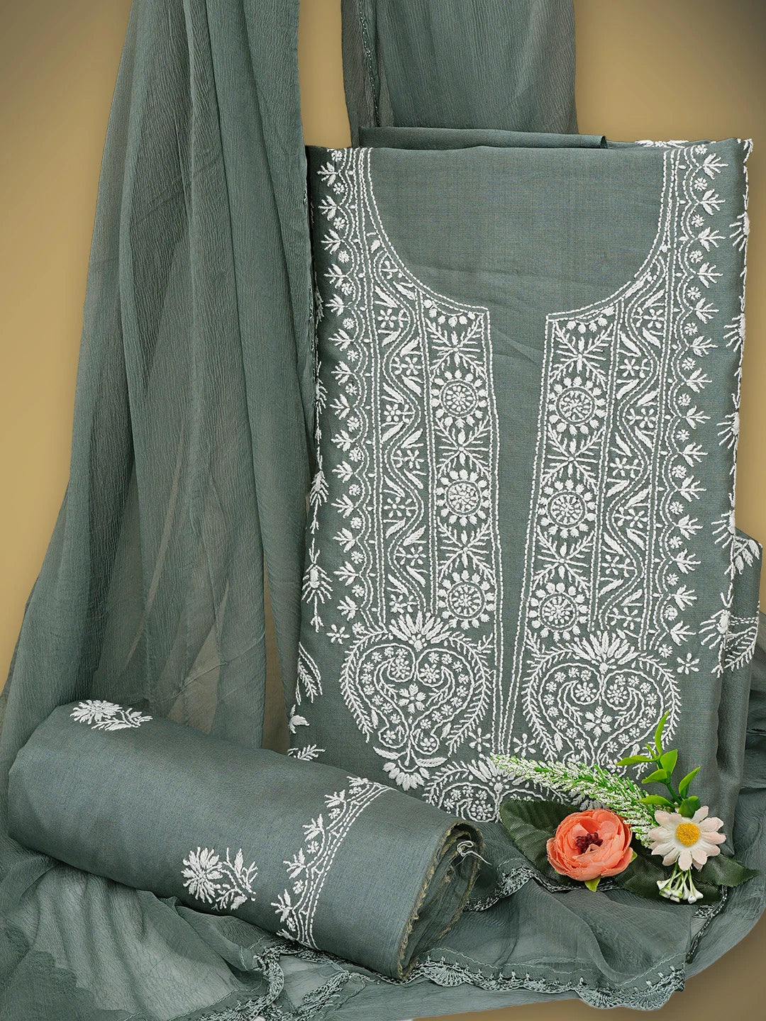 Ada Hand Embroidered Xanadu Grey Chanderi Lucknowi Chikankari Unstitched Suit Piece 01A932514