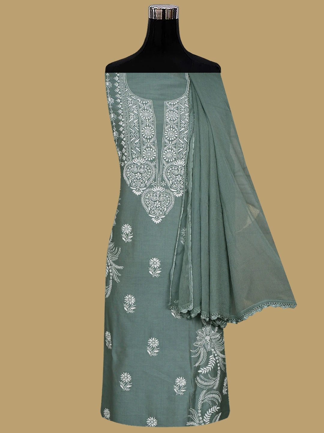 Ada Hand Embroidered Xanadu Grey Chanderi Lucknowi Chikankari Unstitched Suit Piece 01A932514