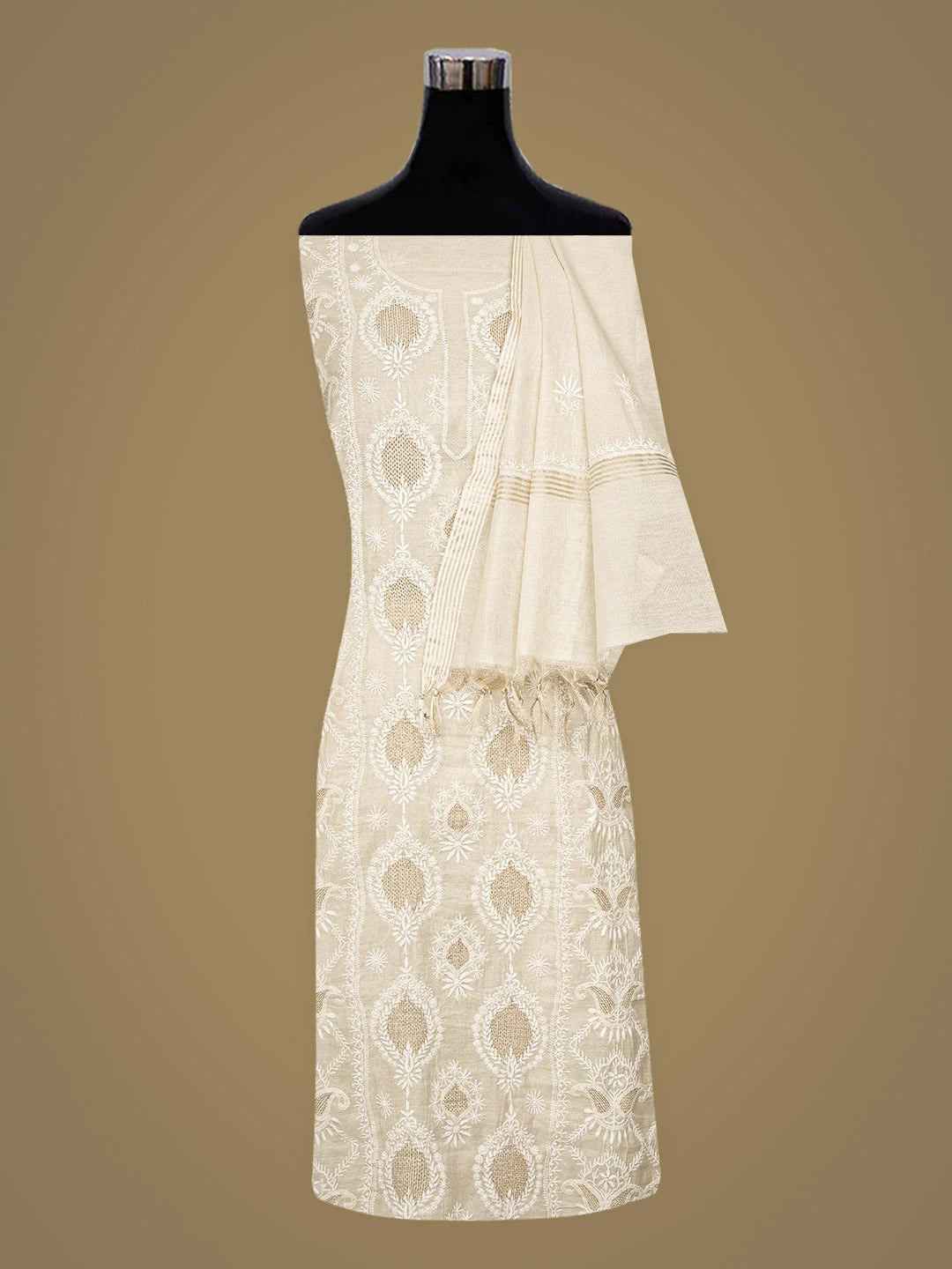 Ada Hand Embroidered Fawn Tissue Lucknowi Chikankari Unstitched Kurta Dupatta Set With Zari Taar Work 01A935241