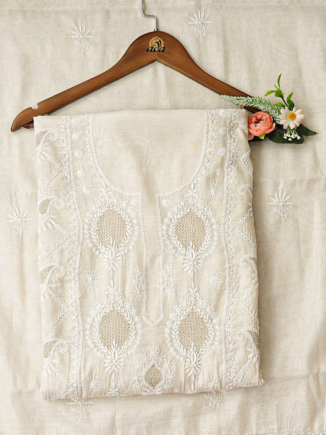 Ada Hand Embroidered Fawn Tissue Lucknowi Chikankari Unstitched Kurta Dupatta Set With Zari Taar Work 01A935241