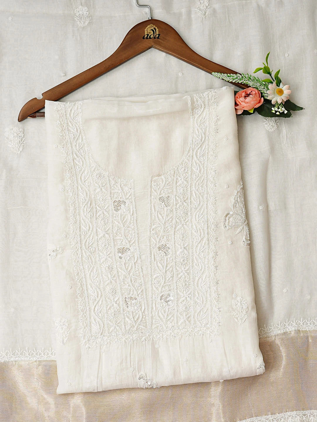 Ada Hand Embroidered White Chanderi Lucknowi Chikankari Unstitched Kurta Dupatta Set With Cutdana Work 01A935248