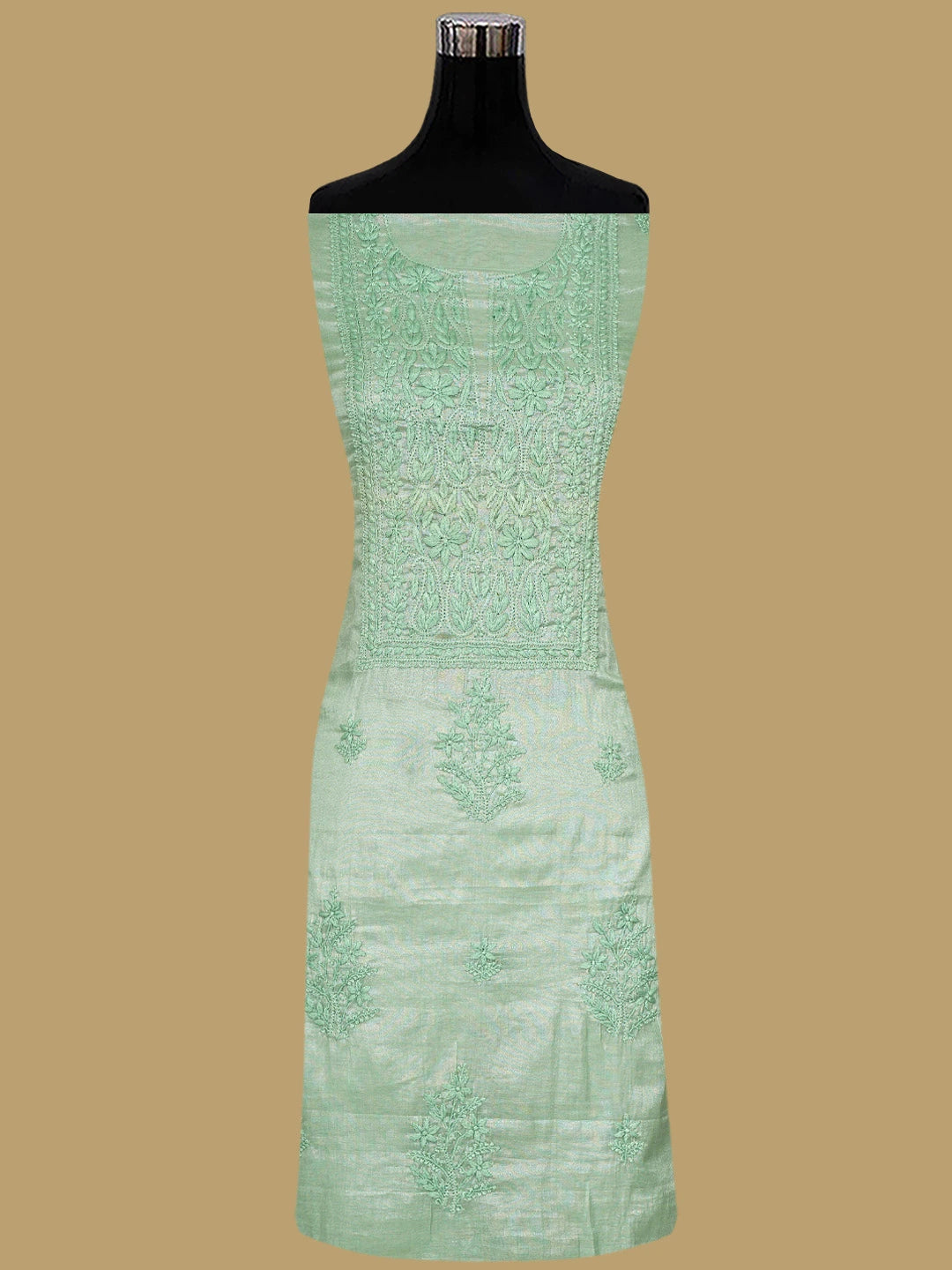 Ada Hand Embroidered Sage Green Tissue Lucknowi Chikankari Unstitched Kurta Dupatta Set 01A901628