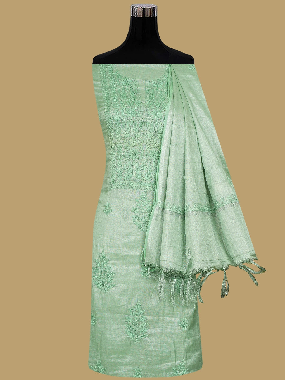 Ada Hand Embroidered Sage Green Tissue Lucknowi Chikankari Unstitched Kurta Dupatta Set 01A901628