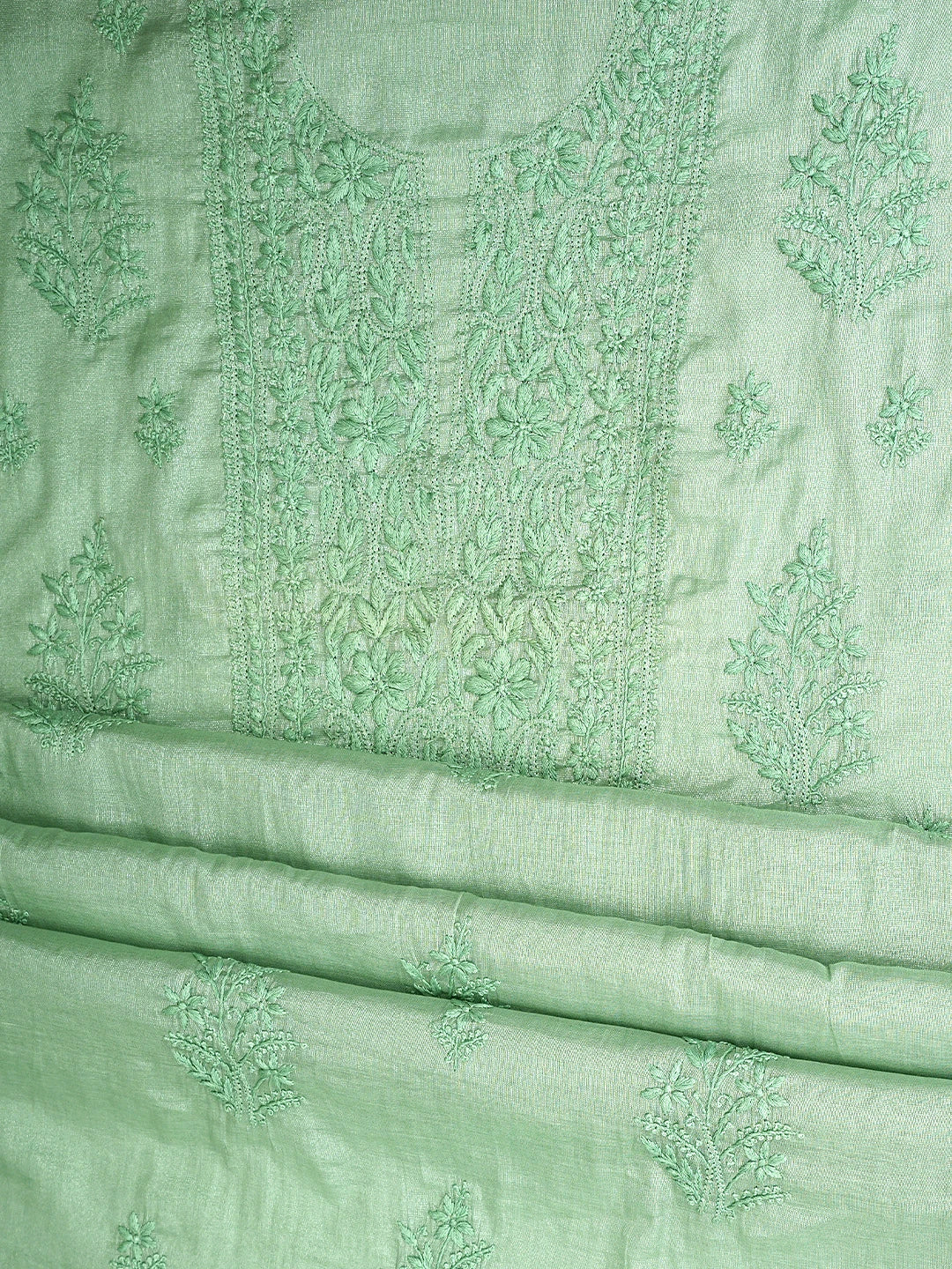 Ada Hand Embroidered Sage Green Tissue Lucknowi Chikankari Unstitched Kurta Dupatta Set 01A901628
