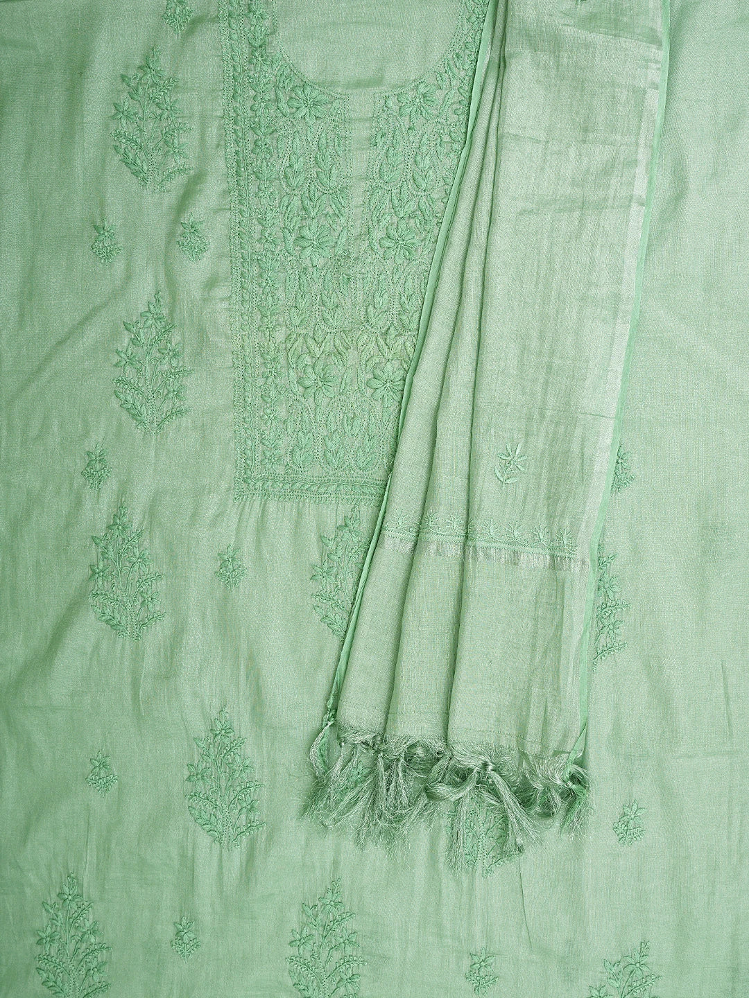 Ada Hand Embroidered Sage Green Tissue Lucknowi Chikankari Unstitched Kurta Dupatta Set 01A901628