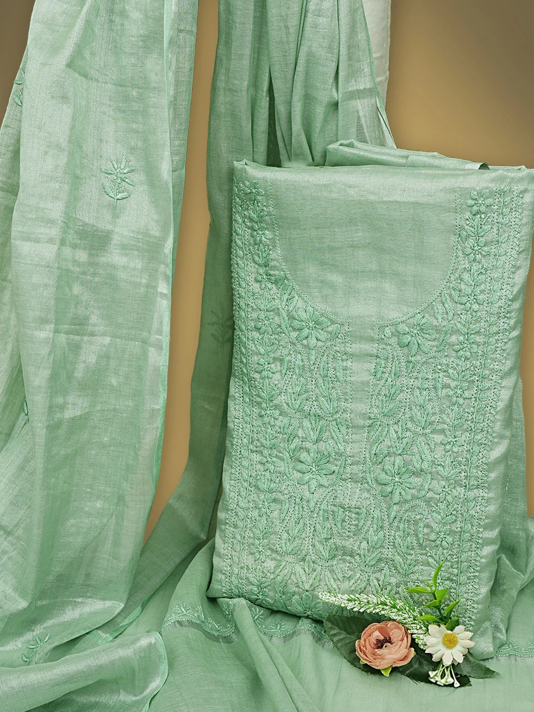 Ada Hand Embroidered Sage Green Tissue Lucknowi Chikankari Unstitched Kurta Dupatta Set 01A901628