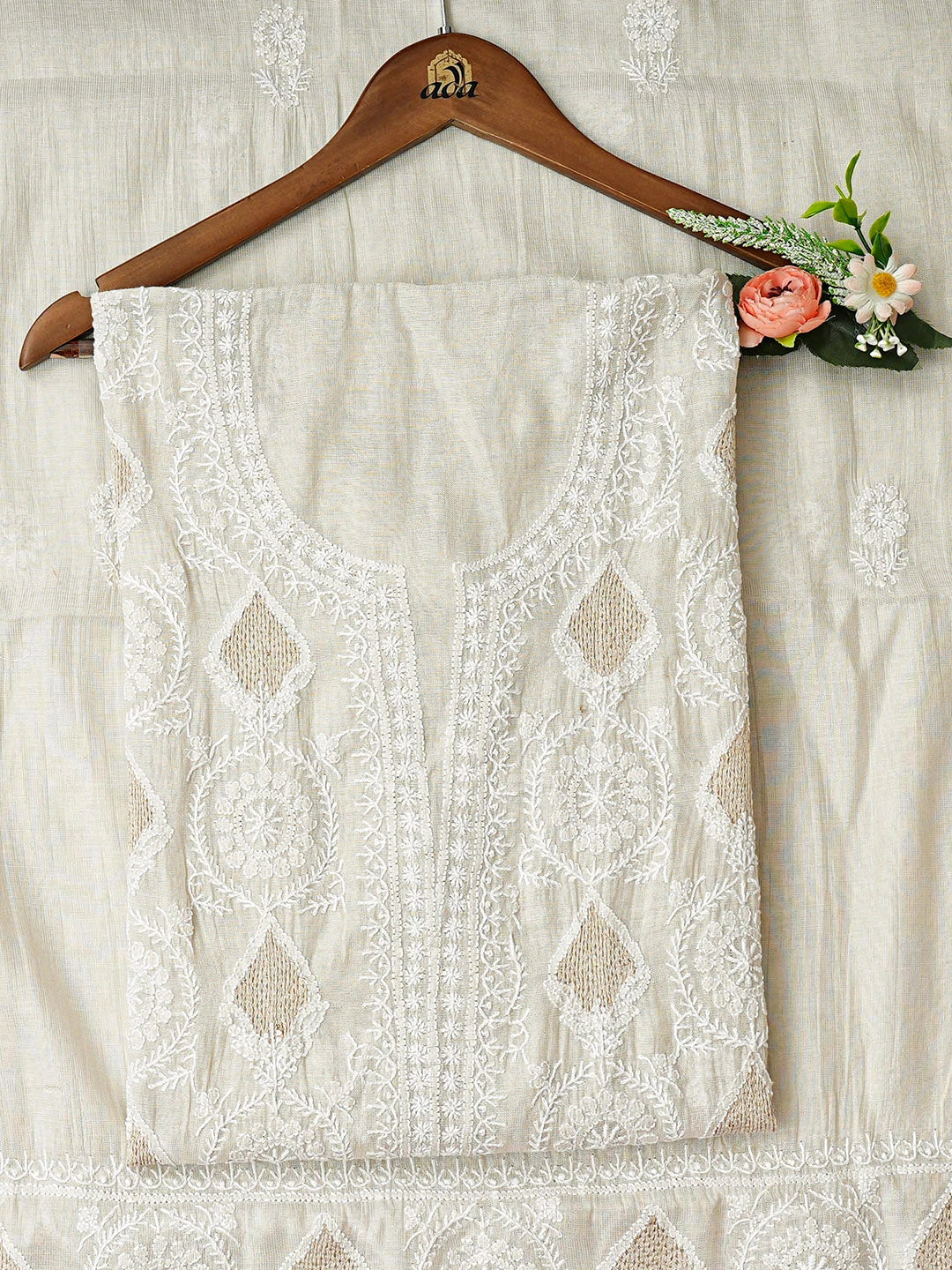 Ada Hand Embroidered Fawn Tissue Lucknowi Chikankari Semi-Stitched Kurta Dupatta Set With Zari Taar Work 01A935237