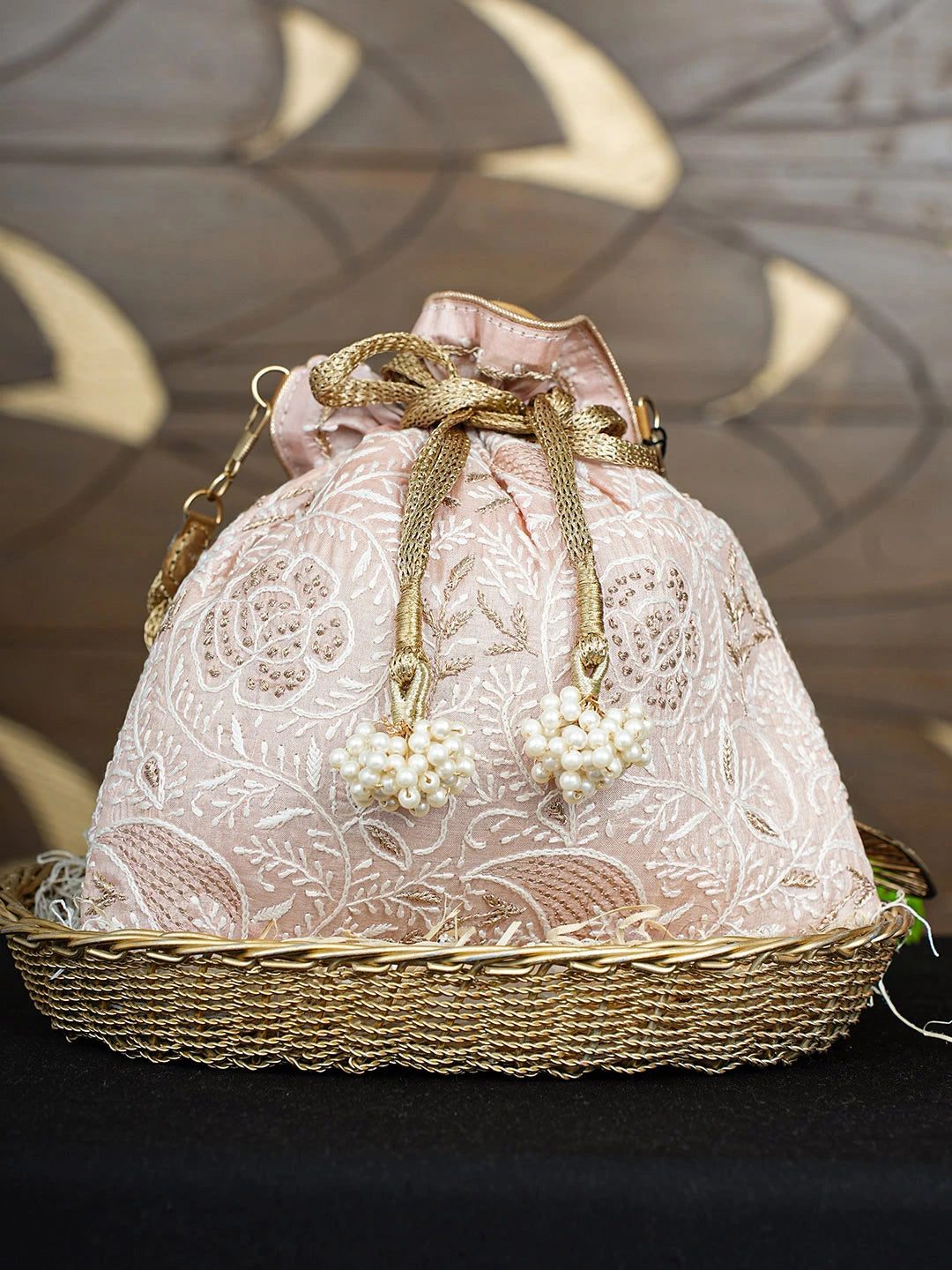 Ada Hand Embroidered Heather Peach Silk Lucknowi Chikankari Potli Bag With Zari Work 01A924404