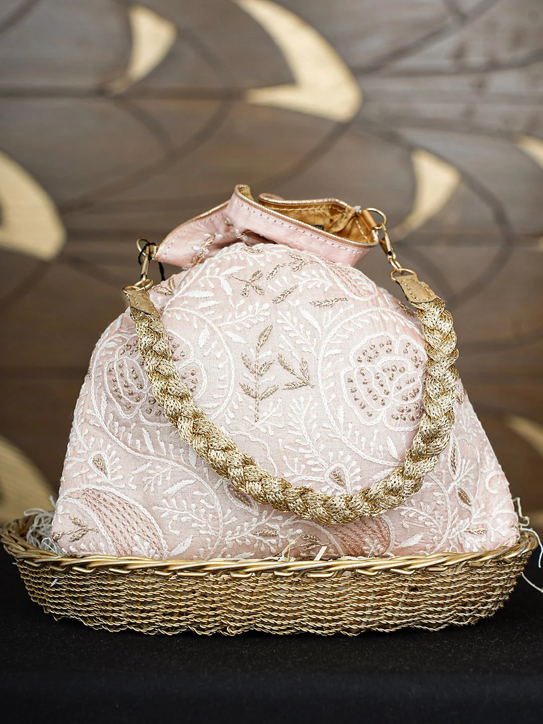 Ada Hand Embroidered Heather Peach Silk Lucknowi Chikankari Potli Bag With Zari Work 01A924404