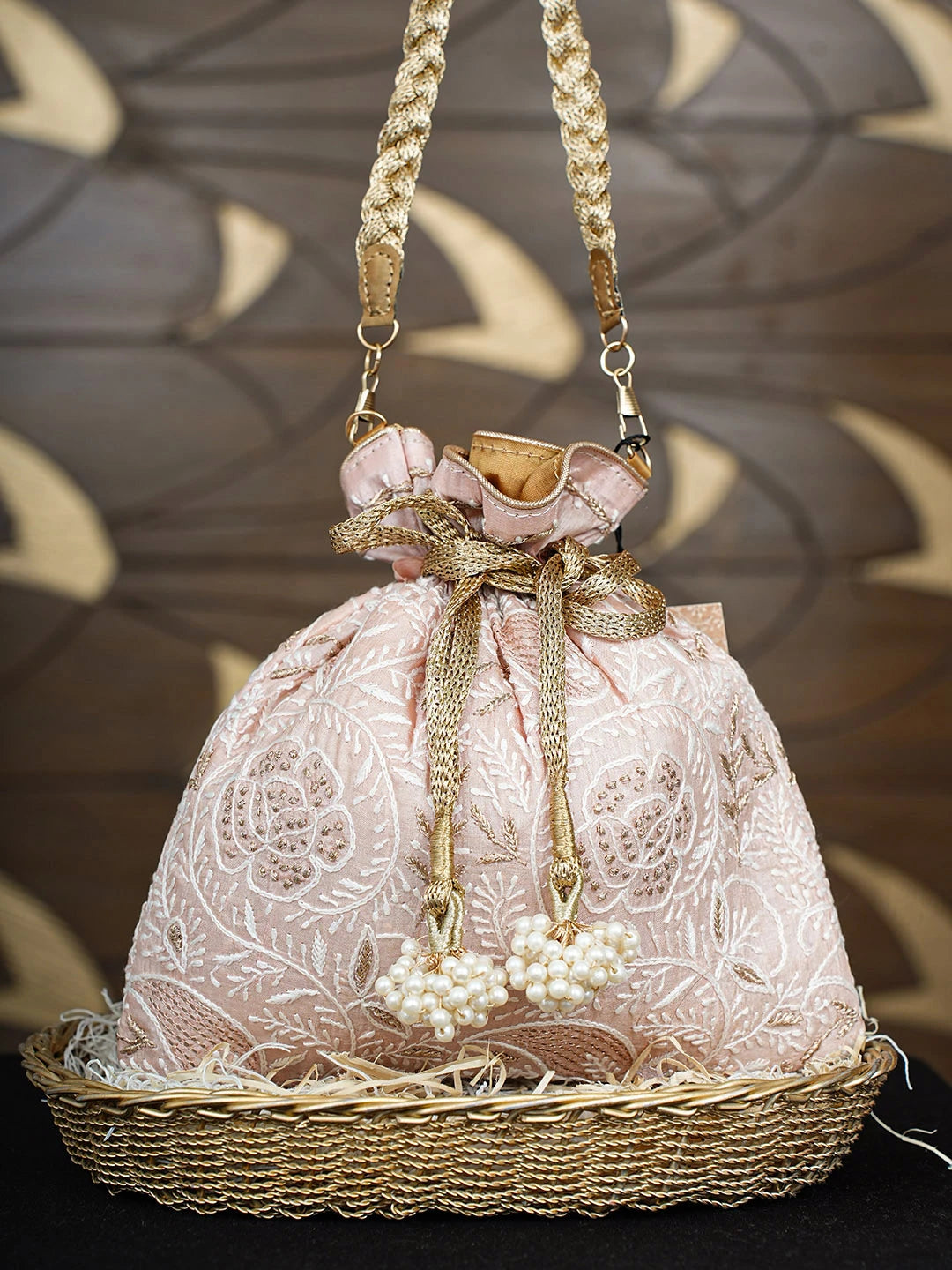 Ada Hand Embroidered Heather Peach Silk Lucknowi Chikankari Potli Bag With Zari Work 01A924404