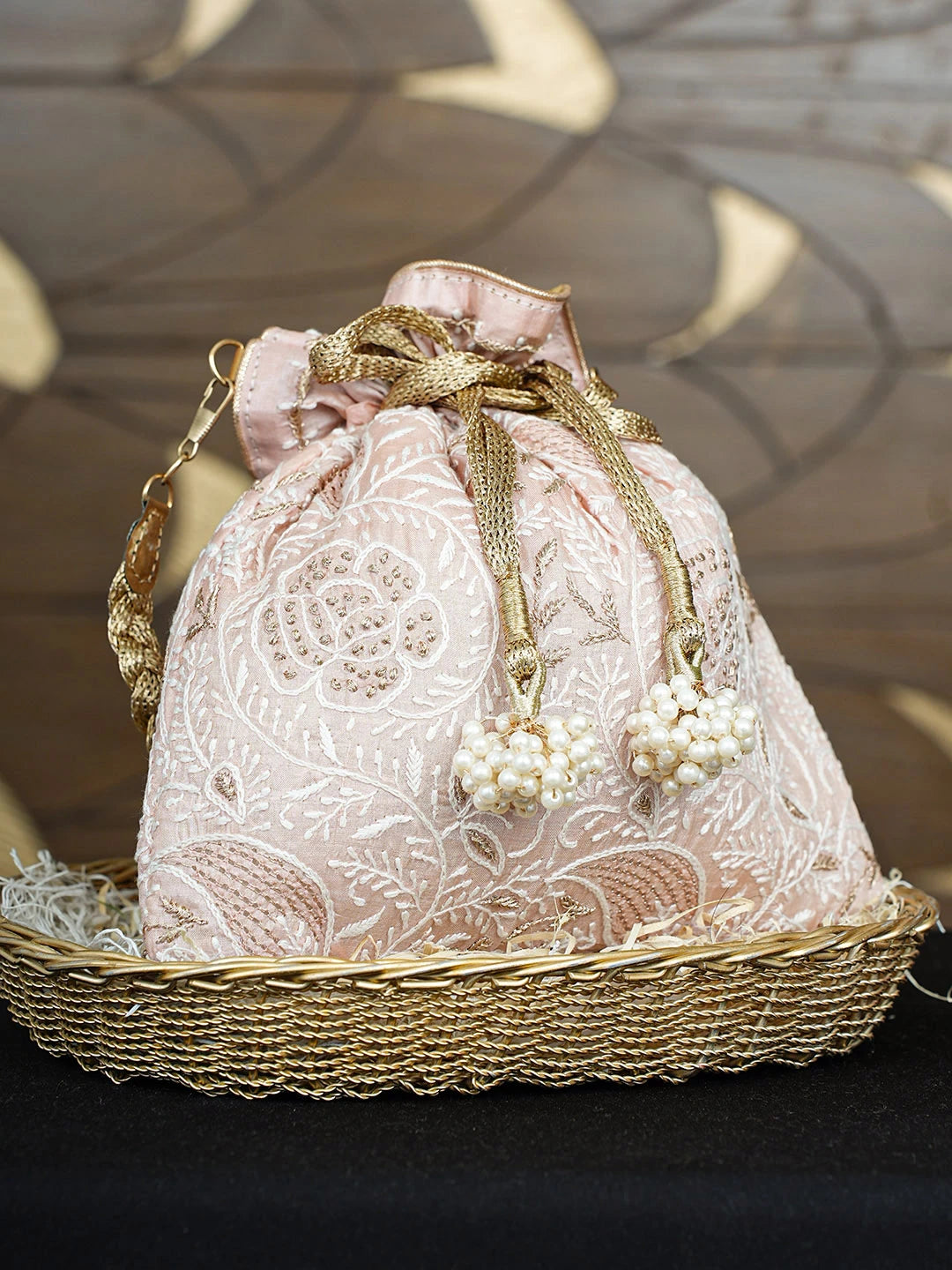 Ada Hand Embroidered Heather Peach Silk Lucknowi Chikankari Potli Bag With Zari Work 01A924404