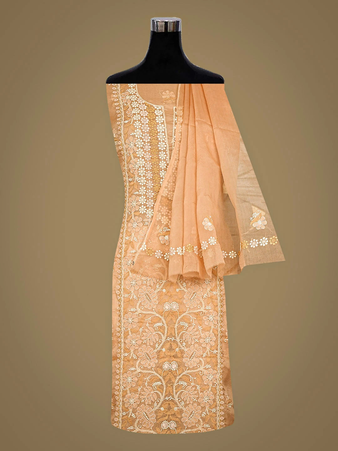 Ada Hand Embroidered Sandy Brown Organza Lucknowi Chikankari Unstitched Kurta Dupatta Set 01A895272