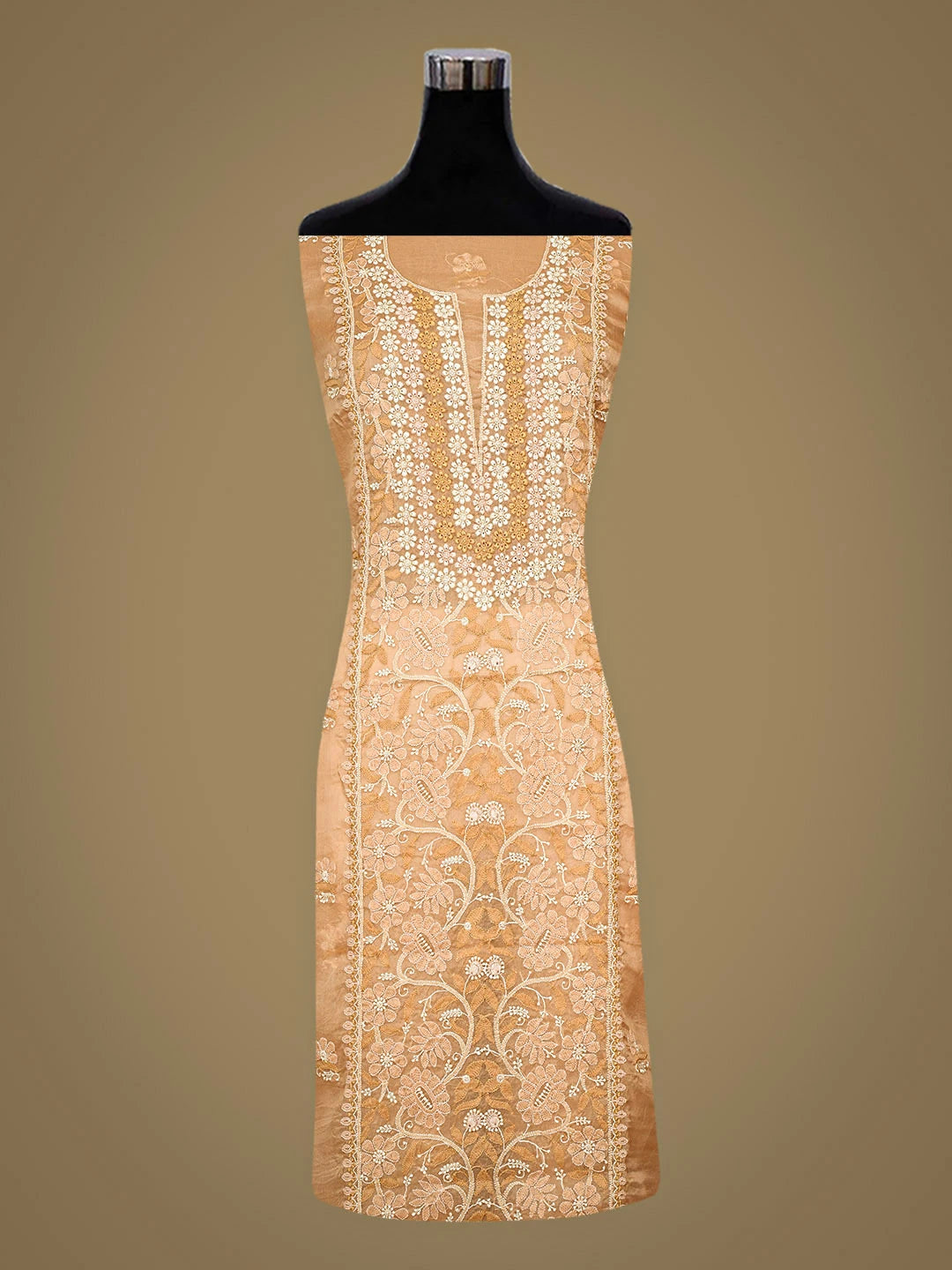 Ada Hand Embroidered Sandy Brown Organza Lucknowi Chikankari Unstitched Kurta Dupatta Set 01A895272