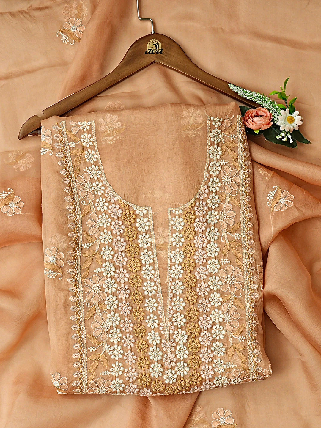 Ada Hand Embroidered Sandy Brown Organza Lucknowi Chikankari Unstitched Kurta Dupatta Set 01A895272