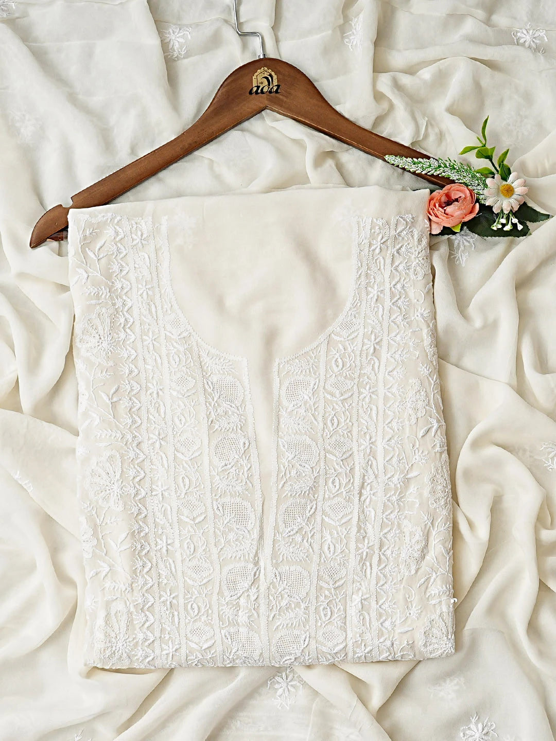 Ada Hand Embroidered White Pure Georgette Lucknowi Chikankari Unstitched Kurta Dupatta Set 01A907727