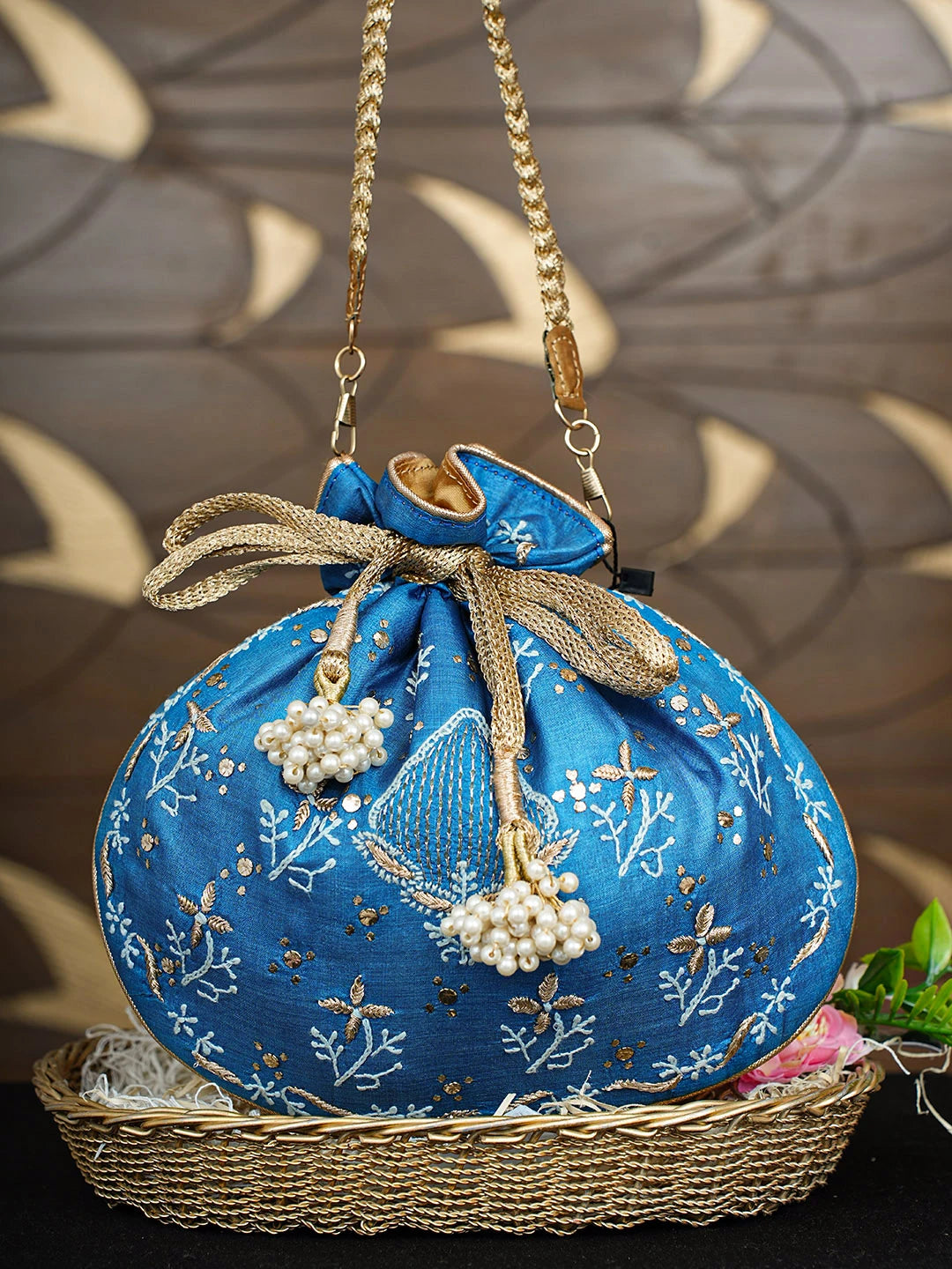 Ada Hand Embroidered Blue Silk Lucknowi Chikankari Potli Bag With Zari Work 01A933504