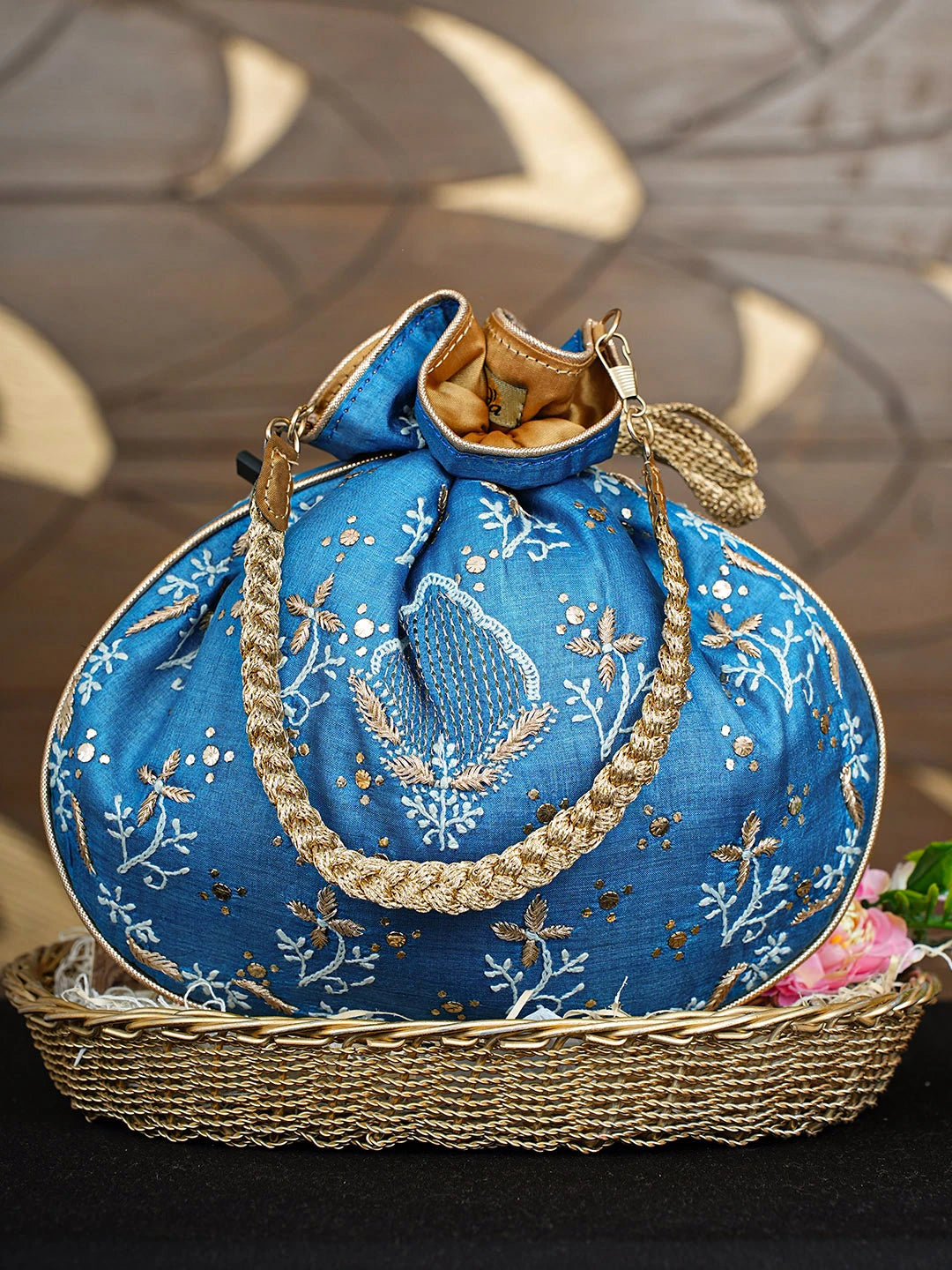 Ada Hand Embroidered Blue Silk Lucknowi Chikankari Potli Bag With Zari Work 01A933504