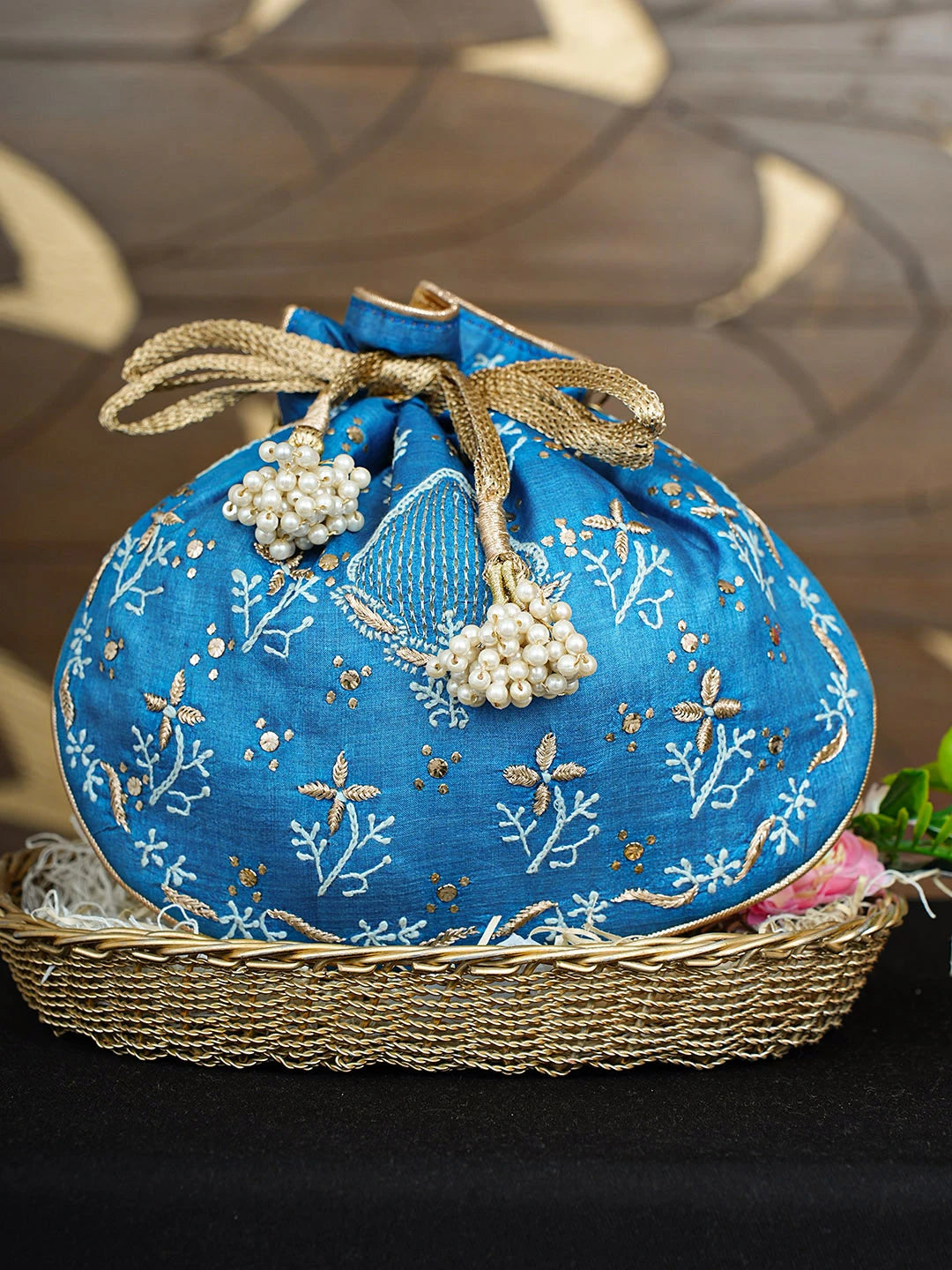 Ada Hand Embroidered Blue Silk Lucknowi Chikankari Potli Bag With Zari Work 01A933504