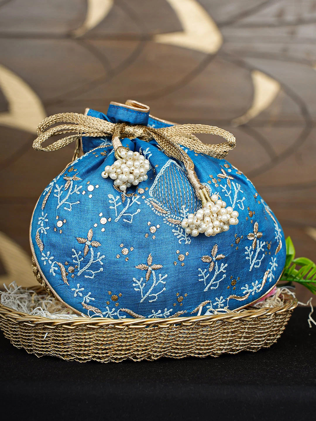Ada Hand Embroidered Blue Silk Lucknowi Chikankari Potli Bag With Zari Work 01A933504