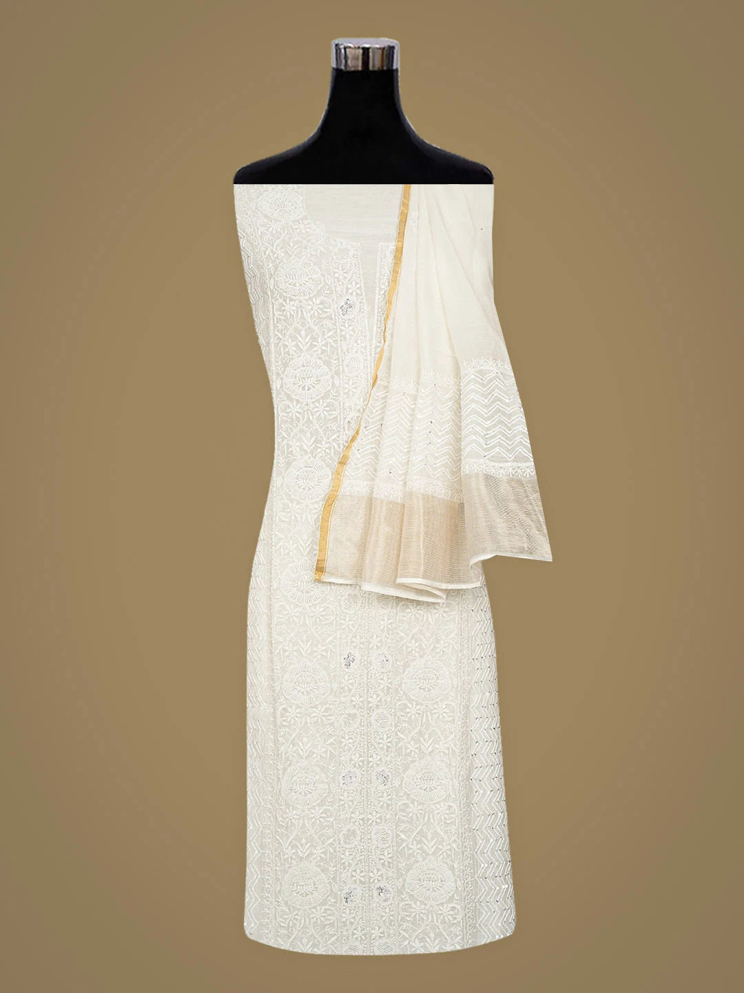 Ada Hand Embroidered White Chanderi Lucknowi Chikankari Semi-Stitched Kurta Dupatta Set With Pearl Work 01A935348