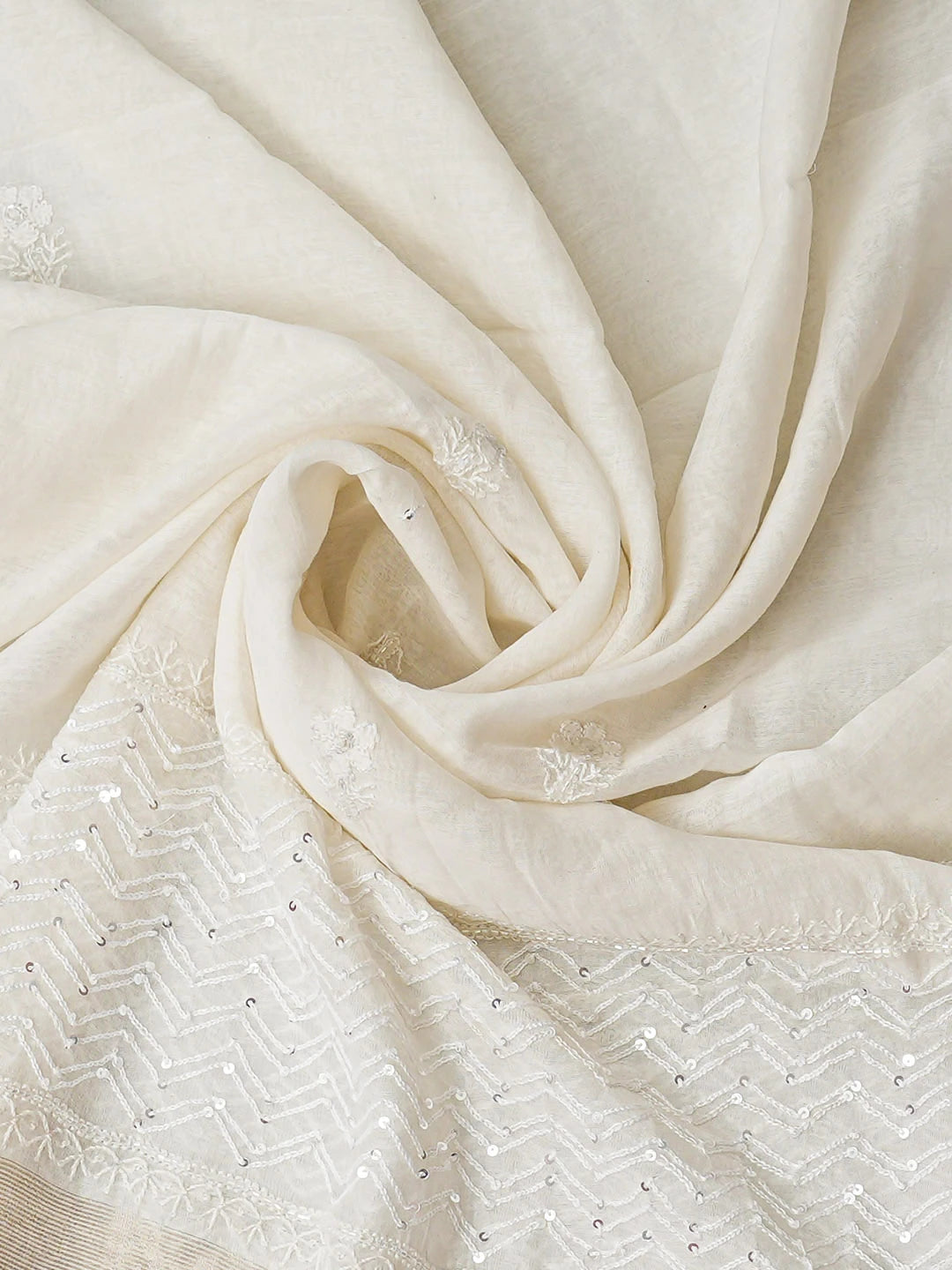 Ada Hand Embroidered White Chanderi Lucknowi Chikankari Semi-Stitched Kurta Dupatta Set With Pearl Work 01A935348