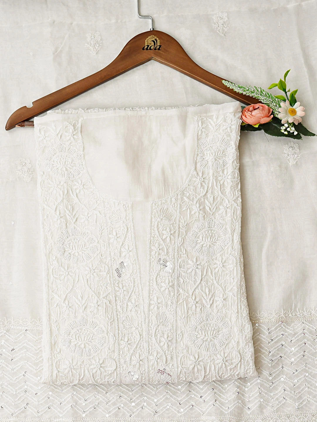 Ada Hand Embroidered White Chanderi Lucknowi Chikankari Semi-Stitched Kurta Dupatta Set With Pearl Work 01A935348