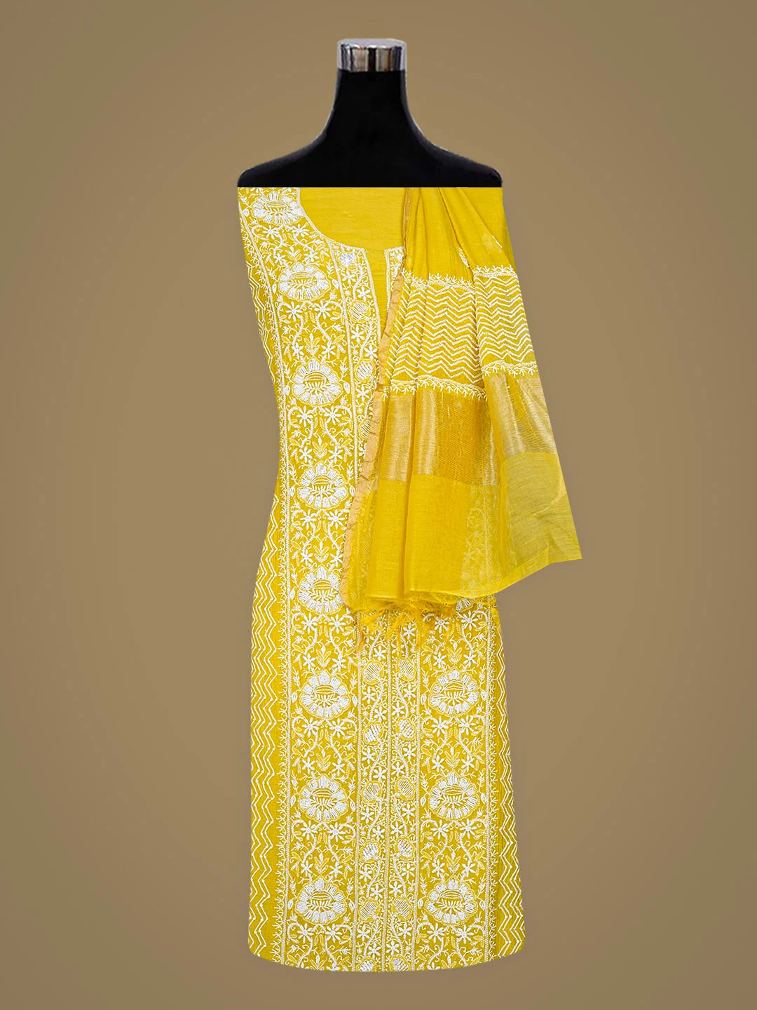 Ada Hand Embroidered Golden Glow Chanderi Lucknowi Chikankari Semi-Stitched Kurta Dupatta Set With Pearl Work 01A935424