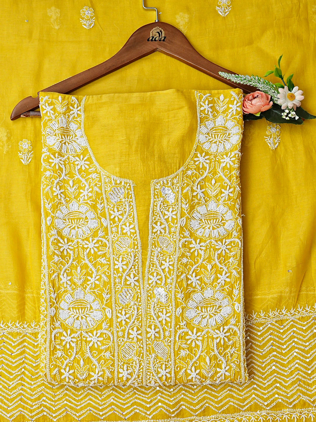 Ada Hand Embroidered Golden Glow Chanderi Lucknowi Chikankari Semi-Stitched Kurta Dupatta Set With Pearl Work 01A935424