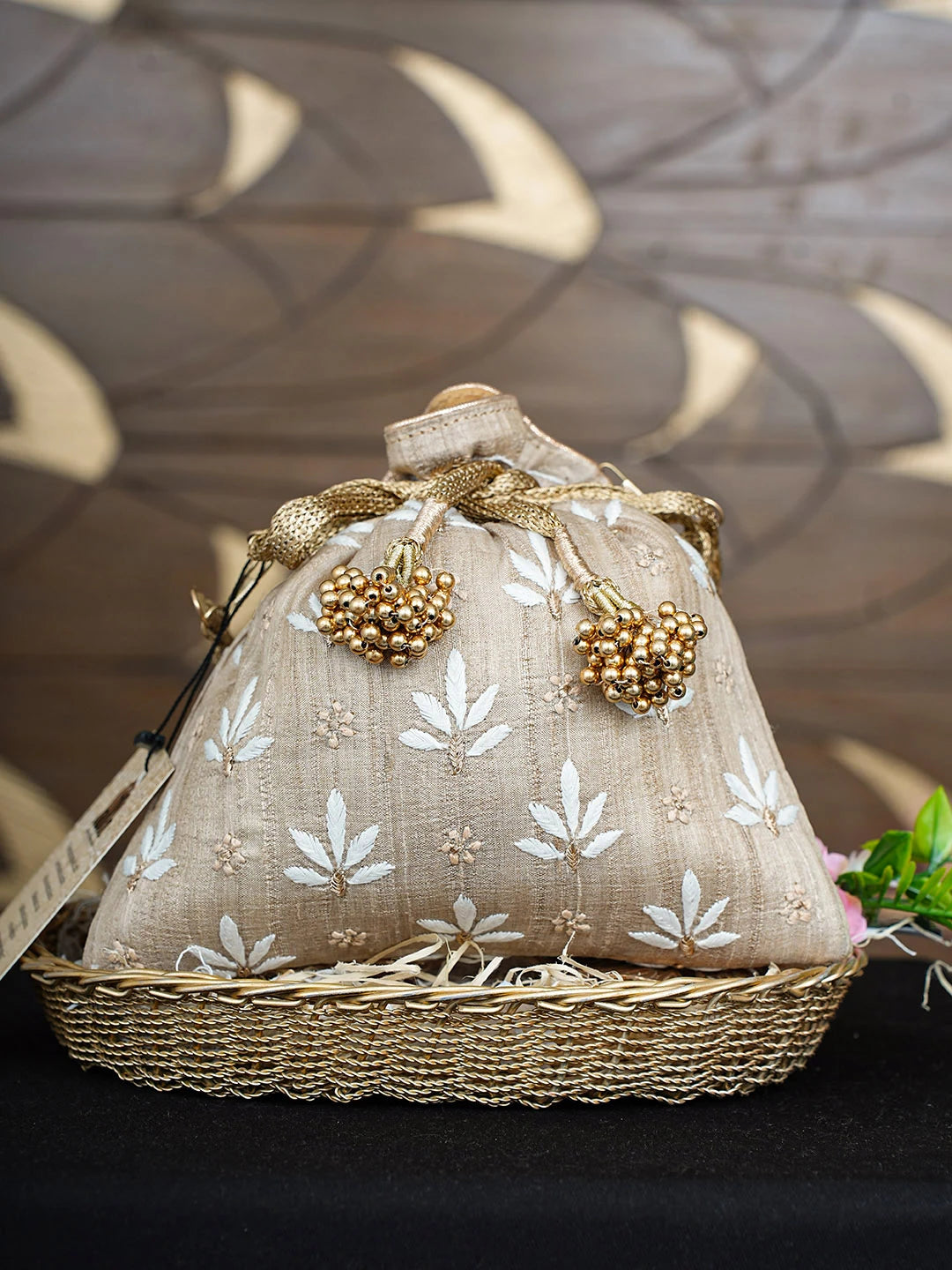 Ada Hand Embroidered Fawn  Silk Lucknowi Chikankari Potli Bag With Zari Work 01A933529