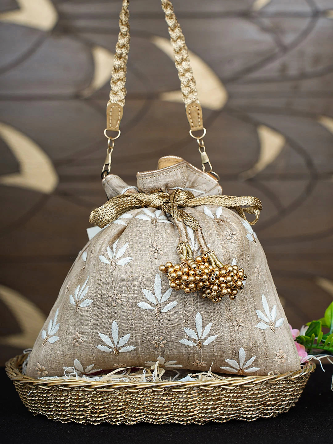 Ada Hand Embroidered Fawn  Silk Lucknowi Chikankari Potli Bag With Zari Work 01A933529