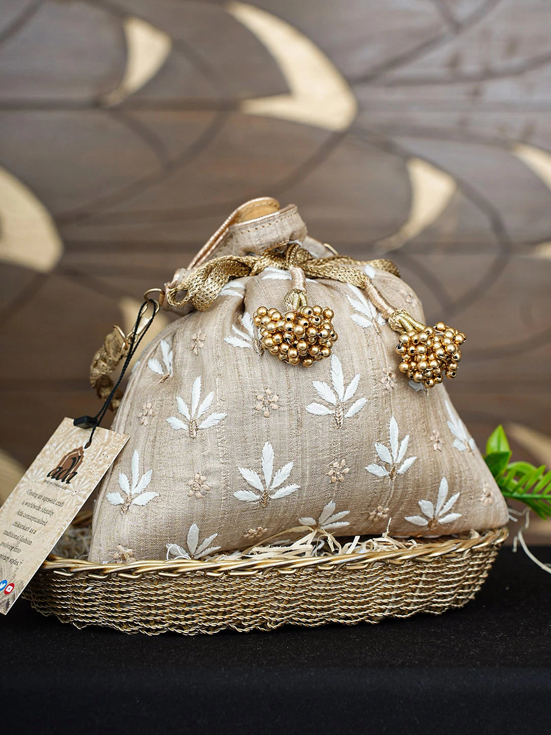 Ada Hand Embroidered Fawn  Silk Lucknowi Chikankari Potli Bag With Zari Work 01A933529