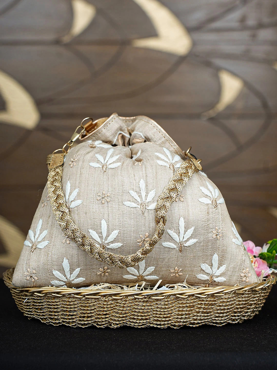 Ada Hand Embroidered Fawn  Silk Lucknowi Chikankari Potli Bag With Zari Work 01A933529