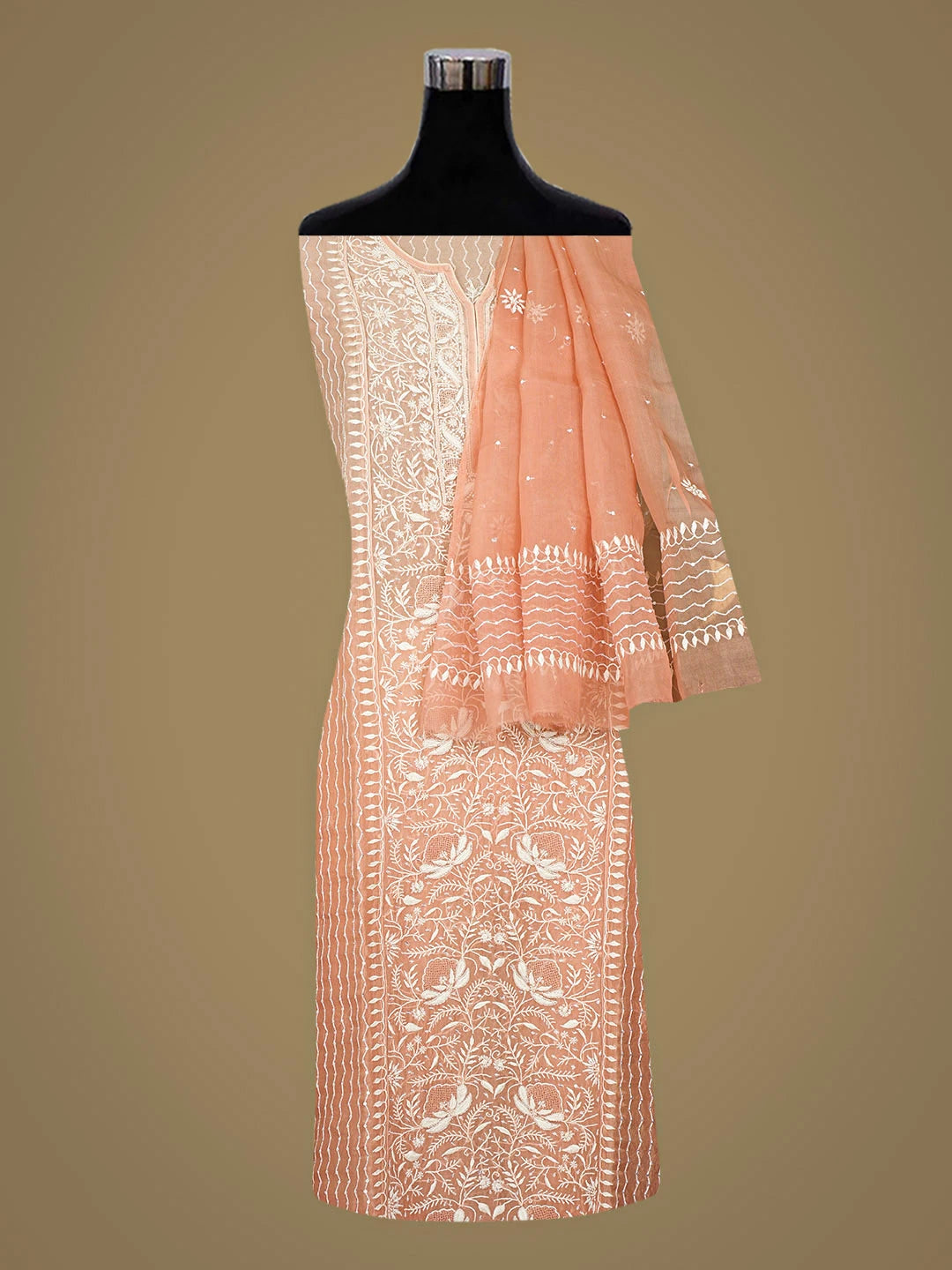 Ada Hand Embroidered Dusty Peach Organza Lucknowi Chikankari Semi-Stitched Kurta Dupatta Set With Sequinned Work 01A933888
