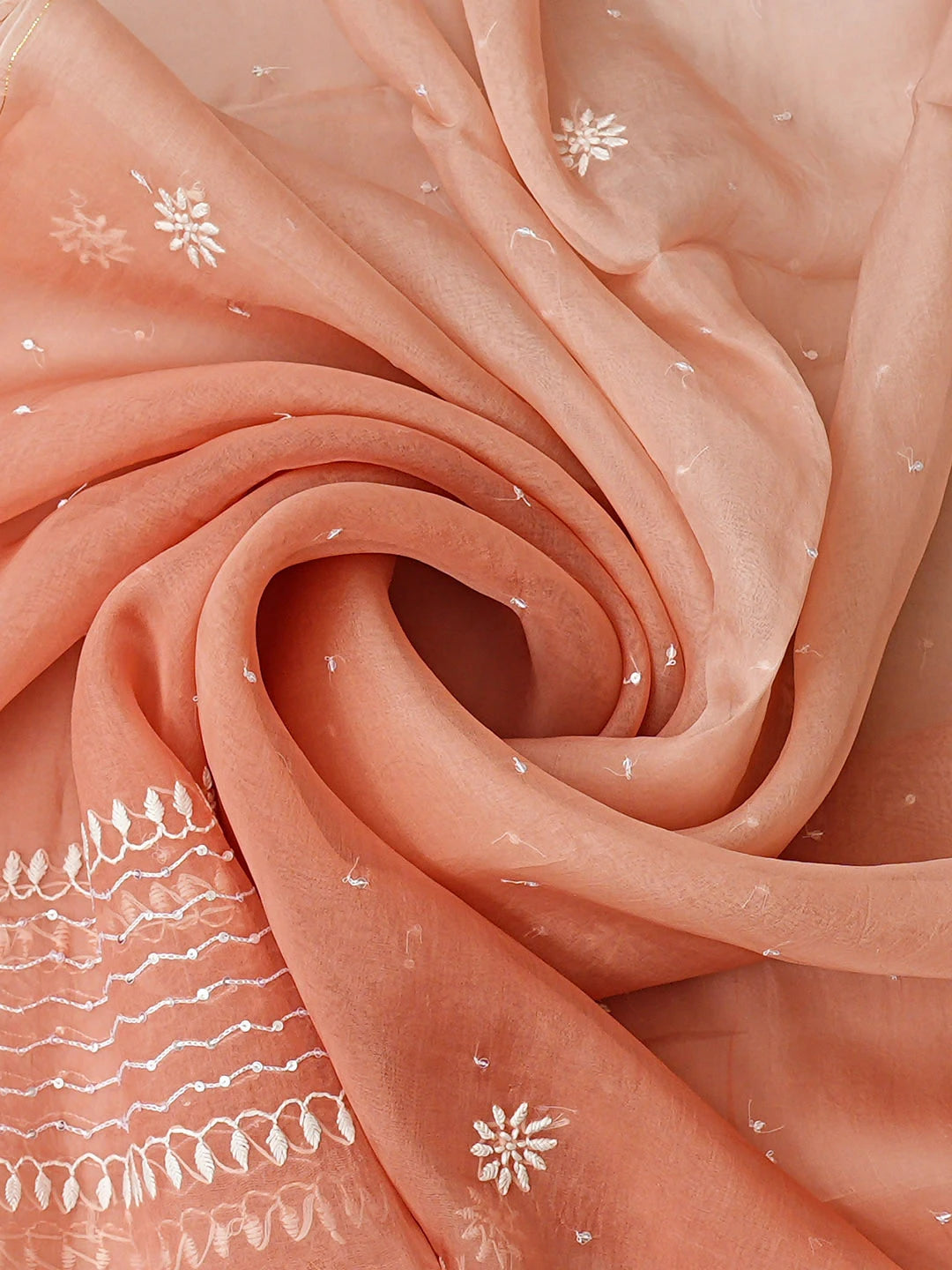 Ada Hand Embroidered Dusty Peach Organza Lucknowi Chikankari Semi-Stitched Kurta Dupatta Set With Sequinned Work 01A933888