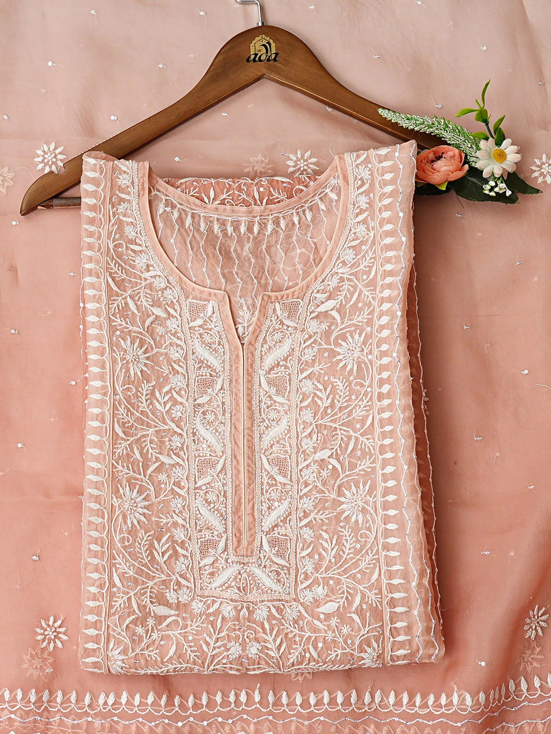 Ada Hand Embroidered Dusty Peach Organza Lucknowi Chikankari Semi-Stitched Kurta Dupatta Set With Sequinned Work 01A933888