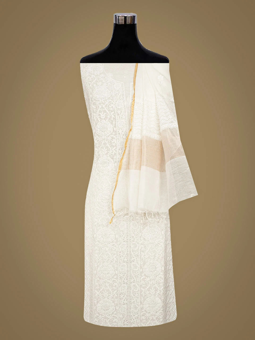Ada Hand Embroidered White Chanderi Lucknowi Chikankari Semi-Stitched Kurta Dupatta Set With Pearl Work 01A935338