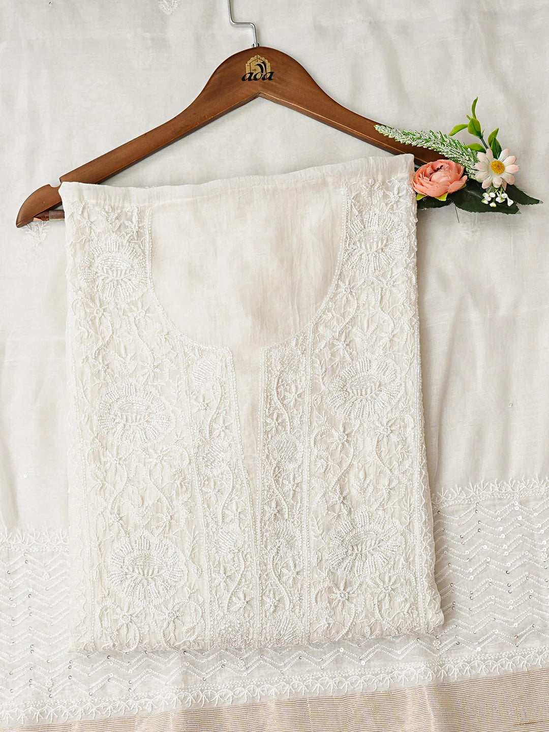 Ada Hand Embroidered White Chanderi Lucknowi Chikankari Semi-Stitched Kurta Dupatta Set With Pearl Work 01A935338