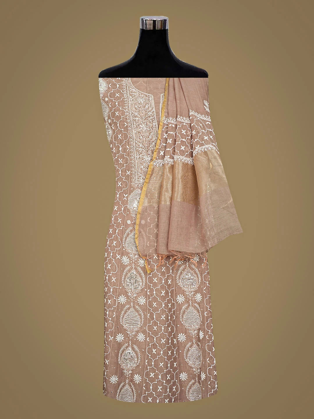 Ada Hand Embroidered Dusty Peach Chanderi Lucknowi Chikankari Semi-Stitched Anarkali Kurta Dupatta Set With Cutdana Work 01A935270