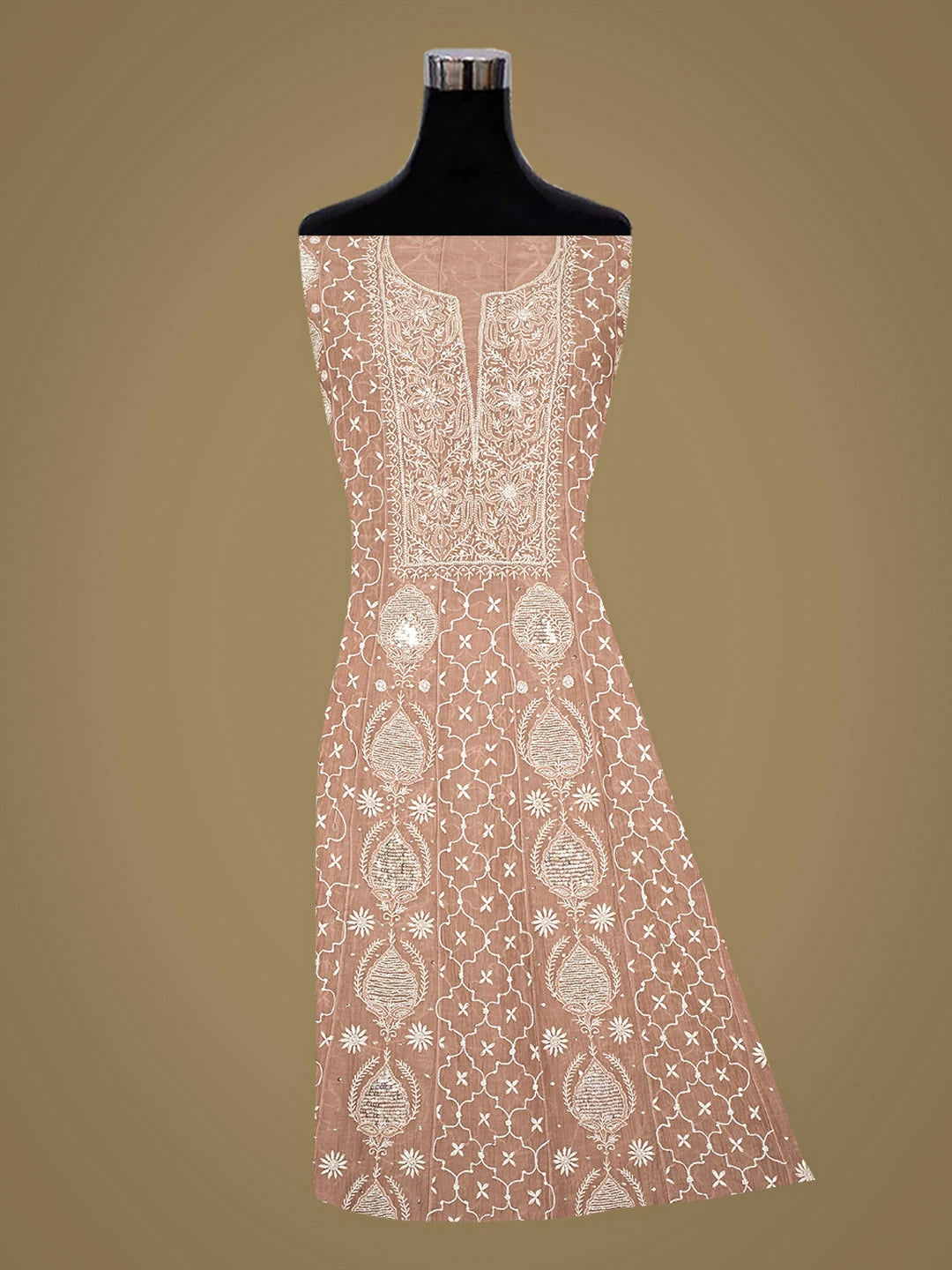 Ada Hand Embroidered Dusty Peach Chanderi Lucknowi Chikankari Semi-Stitched Anarkali Kurta Dupatta Set With Cutdana Work 01A935270