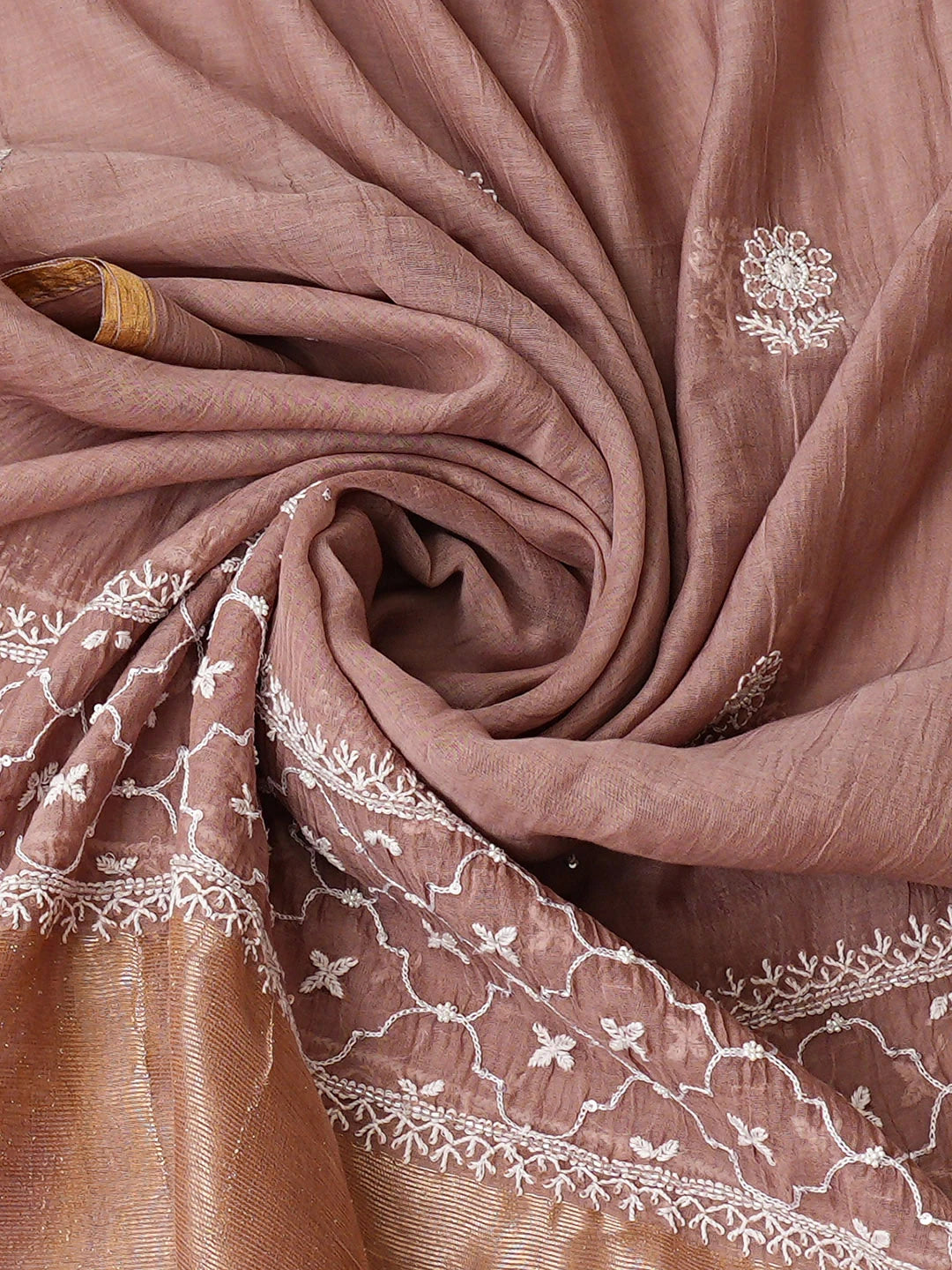 Ada Hand Embroidered Dusty Peach Chanderi Lucknowi Chikankari Semi-Stitched Anarkali Kurta Dupatta Set With Cutdana Work 01A935270