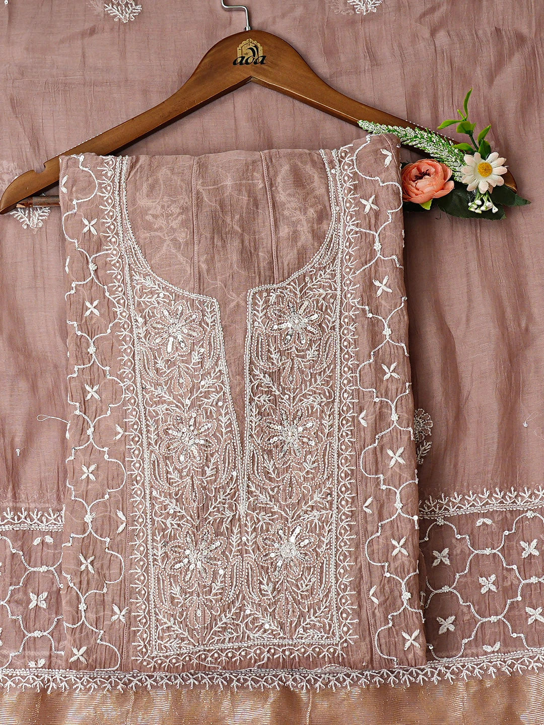 Ada Hand Embroidered Dusty Peach Chanderi Lucknowi Chikankari Semi-Stitched Anarkali Kurta Dupatta Set With Cutdana Work 01A935270