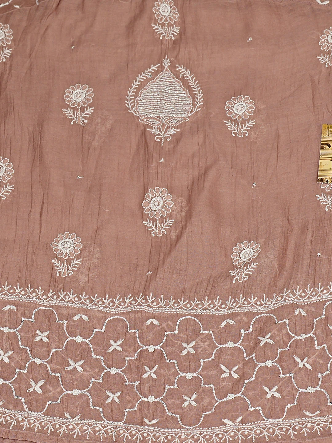 Ada Hand Embroidered Dusty Peach Chanderi Lucknowi Chikankari Semi-Stitched Anarkali Kurta Dupatta Set With Cutdana Work 01A935270