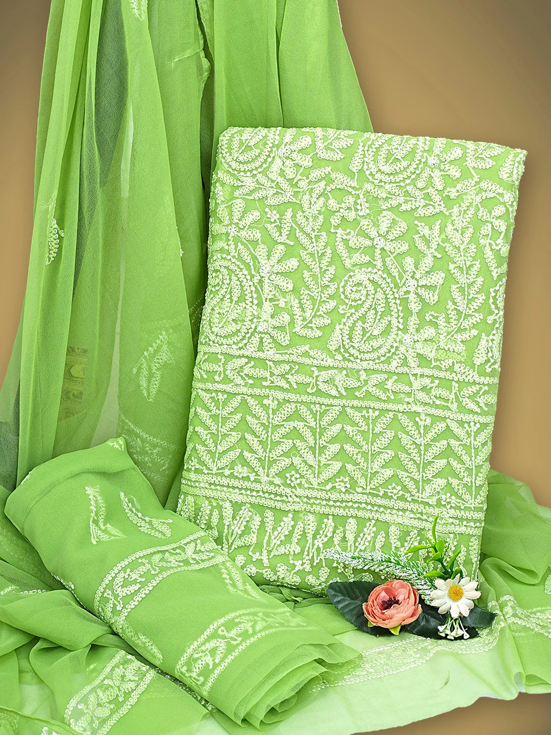 Ada Hand Embroidered Green Georgette Lucknowi Chikankari Unstitched Suit Piece 01A907712