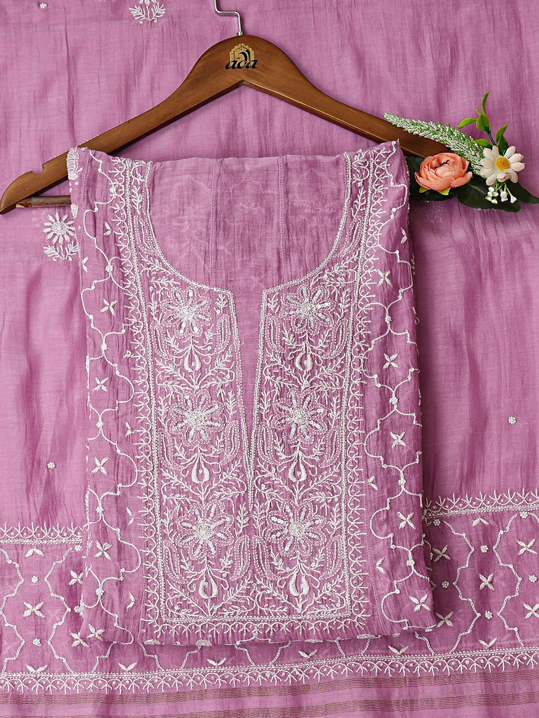 Ada Hand Embroidered Lavender Chanderi Lucknowi Chikankari Semi-Stitched Anarkali Kurta Dupatta Set With Cutdana Work 01A935277