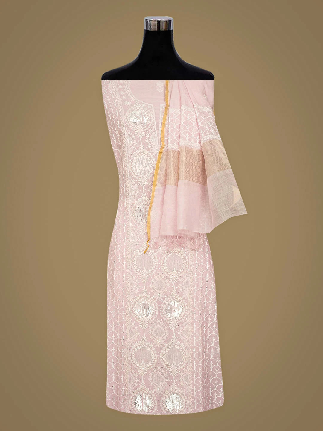 Ada Hand Embroidered Pink Chanderi Lucknowi Chikankari Semi-Stitched Kurta Dupatta Set With Cutdana Work 01A935507